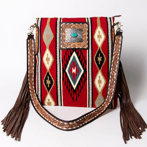 American Darling Aztec Pattern Woven Tooled Leather Fringed Crossbody