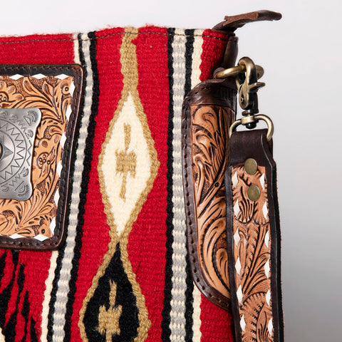 American Darling Aztec Pattern Woven Tooled Leather Fringed Crossbody