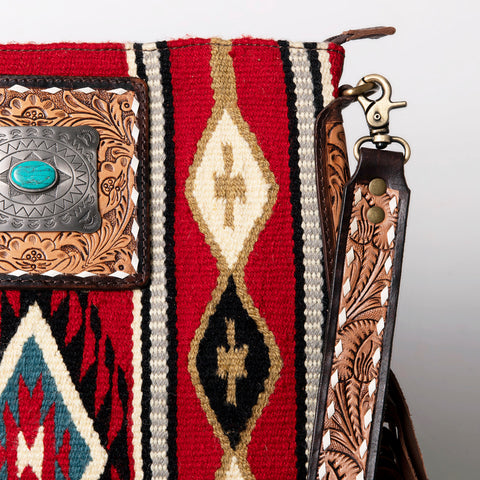 American Darling Aztec Pattern Woven Tooled Leather Fringed Crossbody