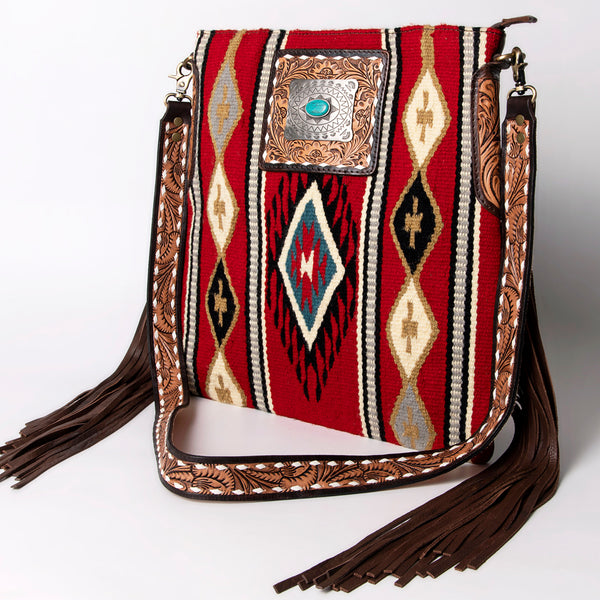 LC-ADBGA269B American Darling Fringe Crossbody Red Navajo Saddle Blanket with Tooled Leather & Turquoise Concho