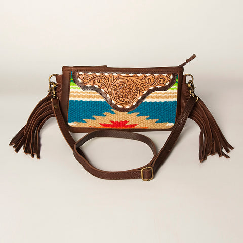 American Darling Southwestern Wool & Leather Fringe Crossbody Bag with Hand-Tooled Flap