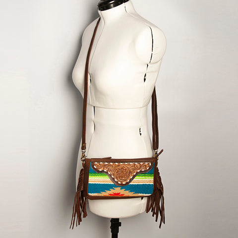 American Darling Southwestern Wool & Leather Fringe Crossbody Bag with Hand-Tooled Flap
