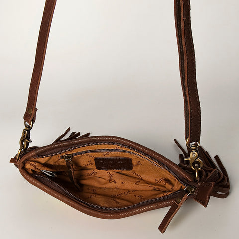 American Darling Southwestern Wool & Leather Fringe Crossbody Bag with Hand-Tooled Flap