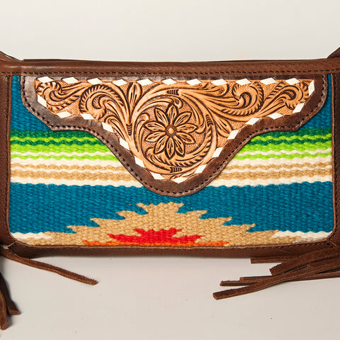 American Darling Southwestern Wool & Leather Fringe Crossbody Bag with Hand-Tooled Flap