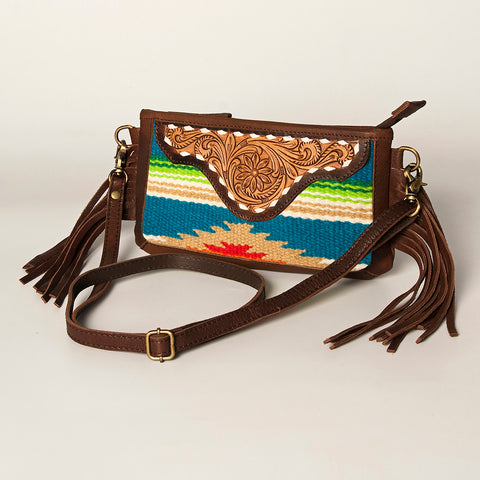 American Darling Southwestern Wool & Leather Fringe Crossbody Bag with Hand-Tooled Flap