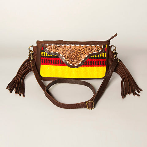 American Darling Southwestern Wool & Leather Fringe Crossbody Bag with Hand-Tooled Flap