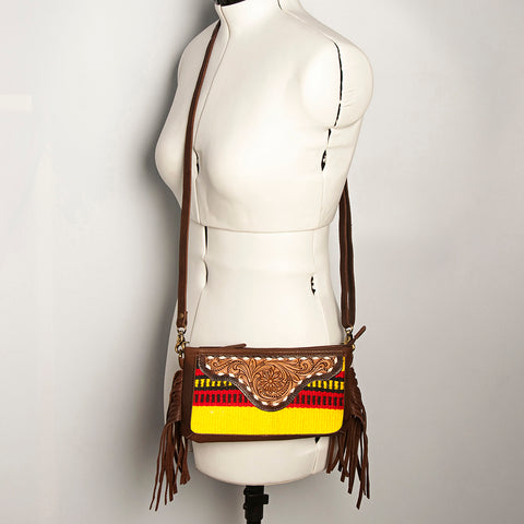 American Darling Southwestern Wool & Leather Fringe Crossbody Bag with Hand-Tooled Flap