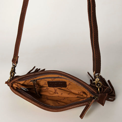 American Darling Southwestern Wool & Leather Fringe Crossbody Bag with Hand-Tooled Flap