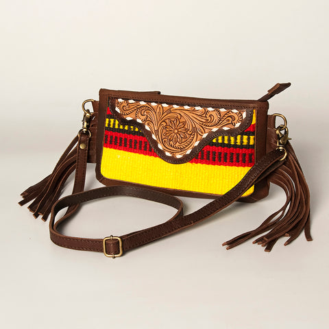 American Darling Southwestern Wool & Leather Fringe Crossbody Bag with Hand-Tooled Flap