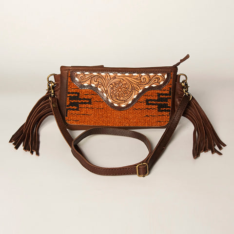 American Darling Southwestern Wool & Leather Fringe Crossbody Bag with Hand-Tooled Flap