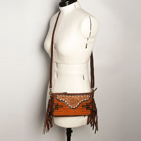 American Darling Southwestern Wool & Leather Fringe Crossbody Bag with Hand-Tooled Flap