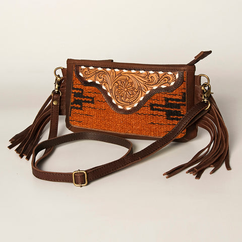 American Darling Southwestern Wool & Leather Fringe Crossbody Bag with Hand-Tooled Flap