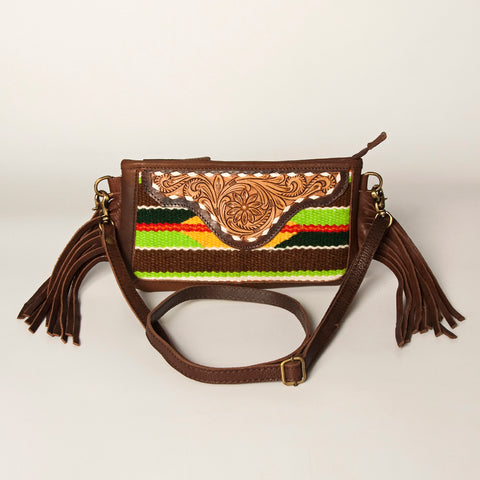 American Darling Southwestern Wool & Leather Fringe Crossbody Bag with Hand-Tooled Flap