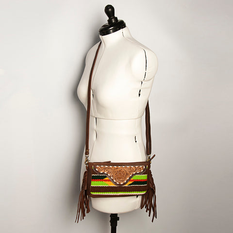 American Darling Southwestern Wool & Leather Fringe Crossbody Bag with Hand-Tooled Flap