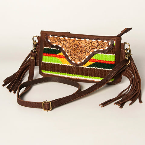 American Darling Southwestern Wool & Leather Fringe Crossbody Bag with Hand-Tooled Flap