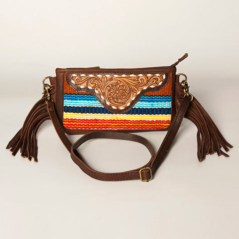American Darling Southwestern Wool & Leather Fringe Crossbody Bag with Hand-Tooled Flap