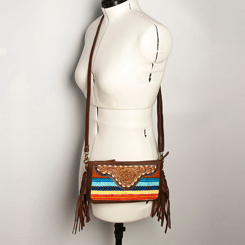 American Darling Southwestern Wool & Leather Fringe Crossbody Bag with Hand-Tooled Flap