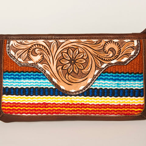 American Darling Southwestern Wool & Leather Fringe Crossbody Bag with Hand-Tooled Flap