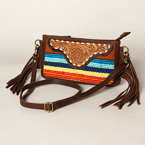 American Darling Southwestern Wool & Leather Fringe Crossbody Bag with Hand-Tooled Flap