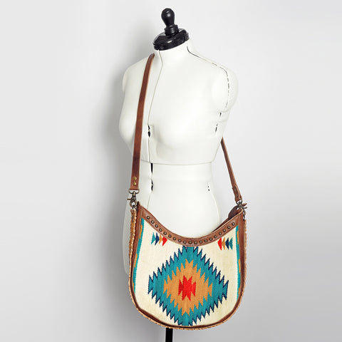 American Darling Handcrafted Hand Tooled Leather and Saddle Blanket Crossbody Bag