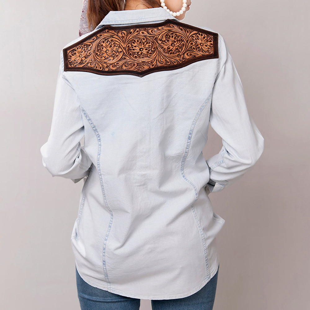 LC-ADSH011 Women's Denim Western Shirt with Tooled Leather Yoke Handcr ...