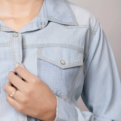LC-ADSH013 Light Denim Western Shirt with Sunflower Tooled Leather Yoke   Women s