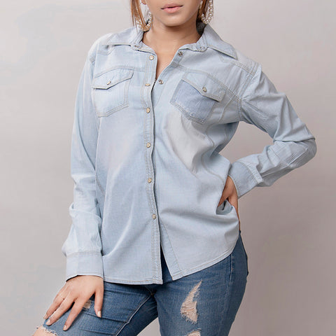 LC-ADSH013 Light Denim Western Shirt with Sunflower Tooled Leather Yoke   Women s