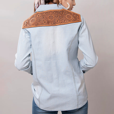 LC-ADSH013 Light Denim Western Shirt with Sunflower Tooled Leather Yoke   Women s