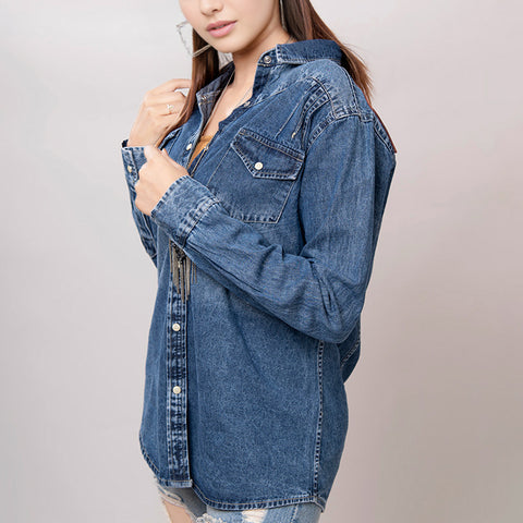 LC-ADSH015 Dark Denim Western Shirt with Tooled Leather Yoke & Turquoise Geometric Trim   Women s