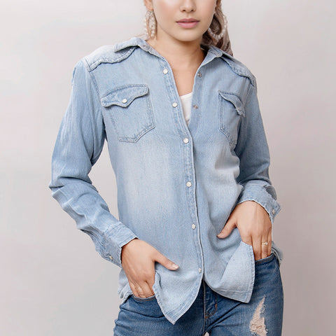 LC-ADSH016 Light Denim Western Shirt with Cowgirl & Cactus Tooled Leather Yoke   Women s