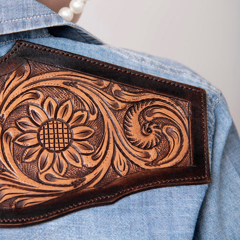 LC-ADSH017 Light Chambray Western Shirt with Tooled Leather Yoke & Turquoise Concho   Women s