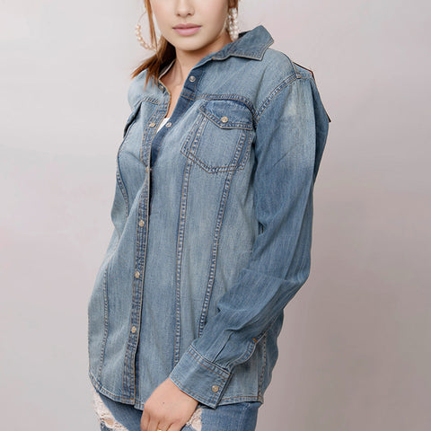 LC-ADSH020 Women's Western Denim Shirt with Hand-Tooled Red Rose Leather Yoke