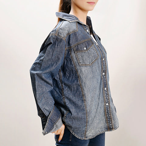 LC-ADSH021 Women's Western Denim Shirt with Hand-Tooled Floral Leather Yoke   Natural Tan