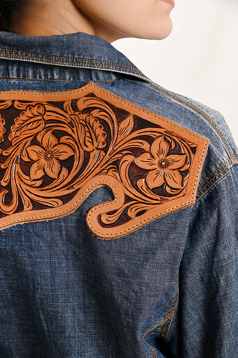 LC-ADSH021 Women's Western Denim Shirt with Hand-Tooled Floral Leather Yoke   Natural Tan