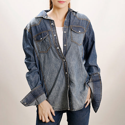 LC-ADSH021 Women's Western Denim Shirt with Hand-Tooled Floral Leather Yoke   Natural Tan