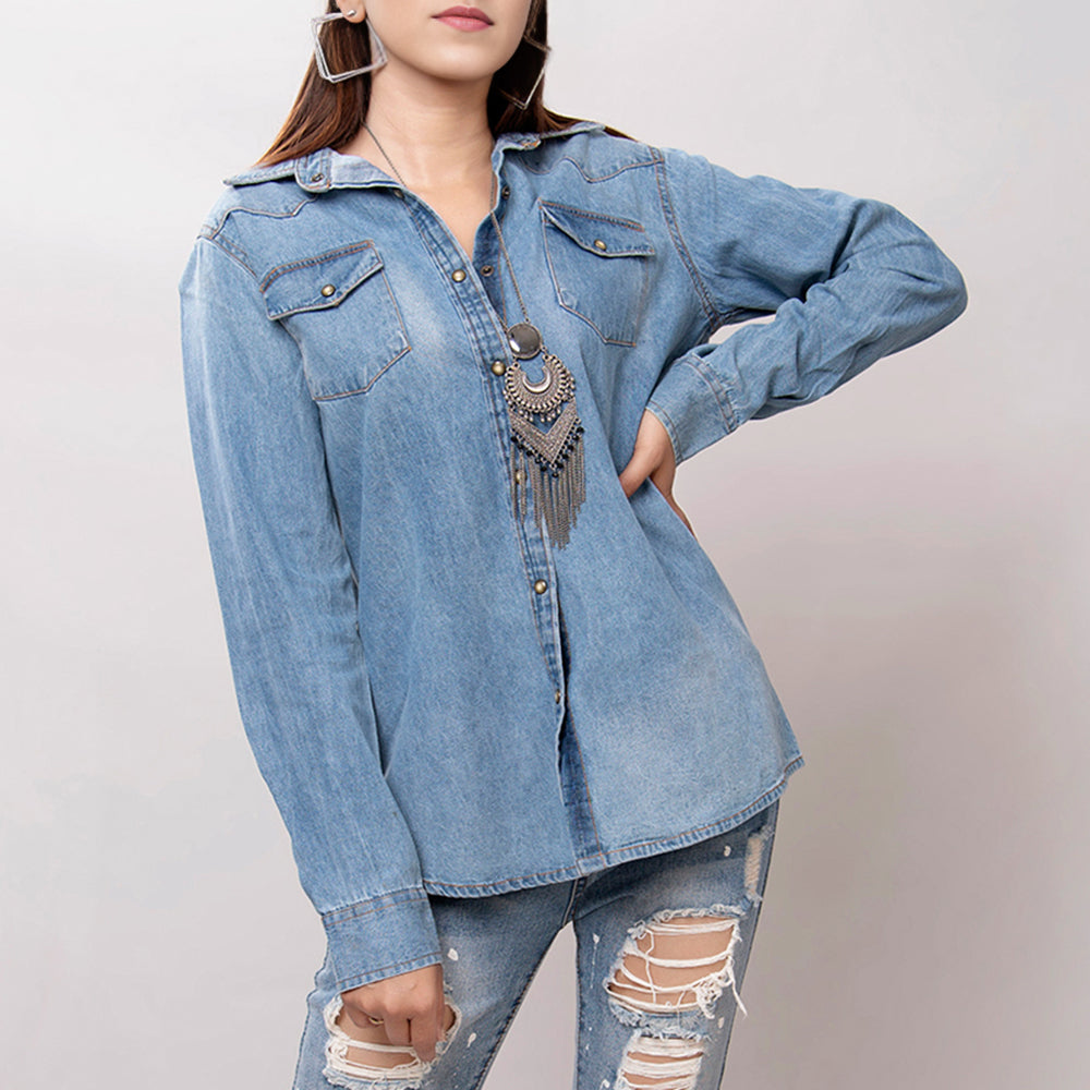 LC-ADSH024 Women's Light Wash Western Denim Shirt with Hand-Tooled Leather Floral Yoke   Burnished Tan