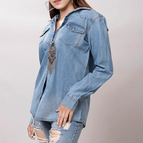 LC-ADSH024 Women's Light Wash Western Denim Shirt with Hand-Tooled Leather Floral Yoke   Burnished Tan