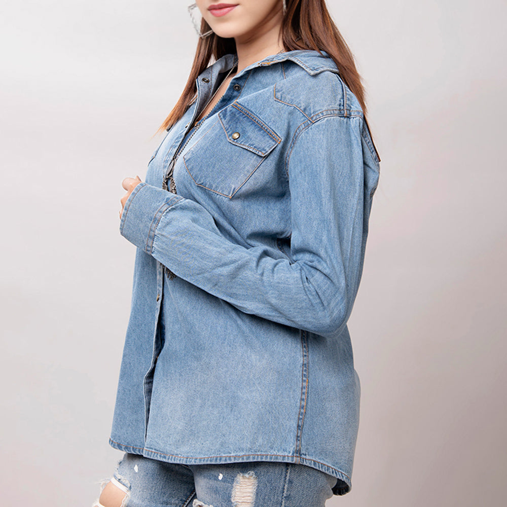LC-ADSH024 Women's Light Wash Western Denim Shirt with Hand-Tooled Leather Floral Yoke   Burnished Tan