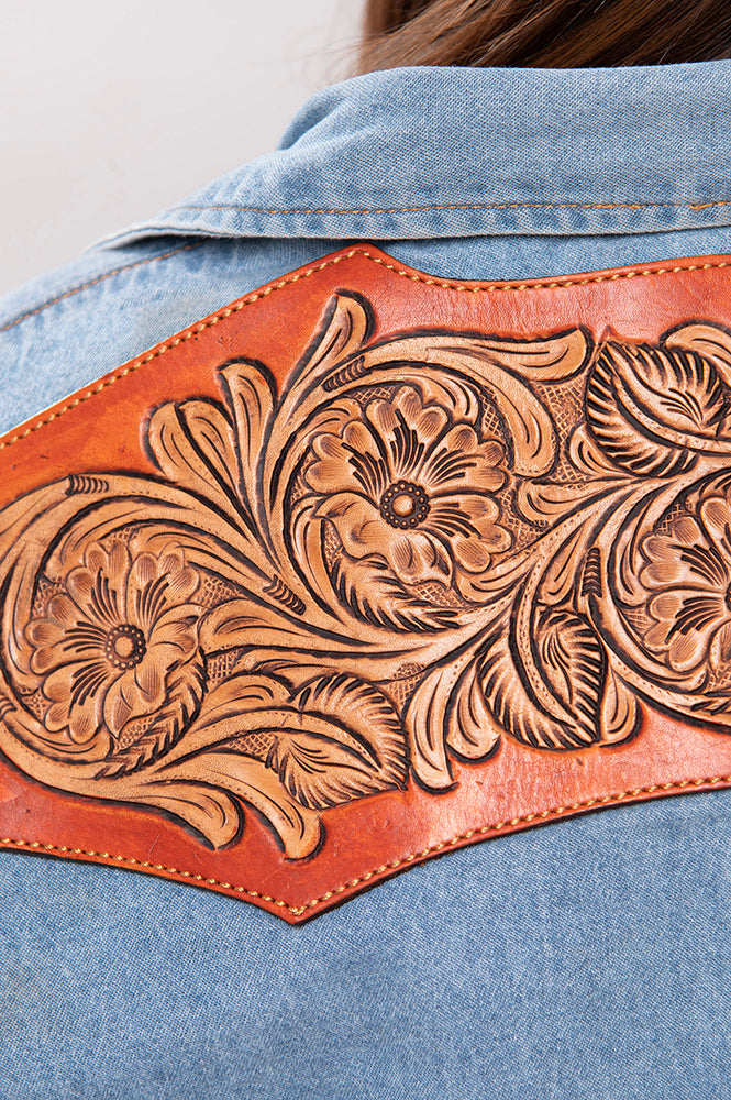LC-ADSH024 Women's Light Wash Western Denim Shirt with Hand-Tooled Leather Floral Yoke   Burnished Tan