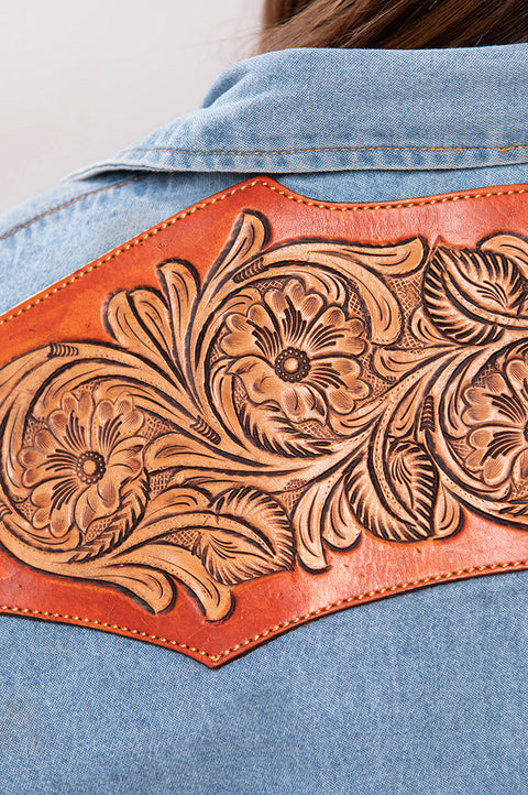 LC-ADSH024 Women's Light Wash Western Denim Shirt with Hand-Tooled Leather Floral Yoke   Burnished Tan