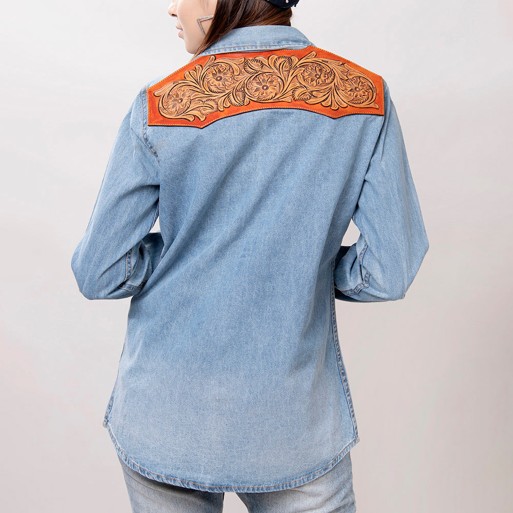 LC-ADSH024 Women's Light Wash Western Denim Shirt with Hand-Tooled Leather Floral Yoke   Burnished Tan