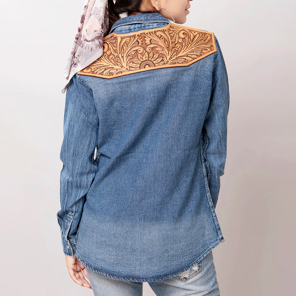 LC-ADSH025 Women's Mid-Wash Western Denim Shirt with High-Detail Hand-Tooled Leather Yoke