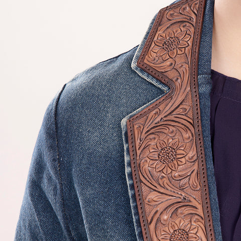 Artisanal Hand-Tooled Floral Leather & Blue Denim Western Blazer for Women