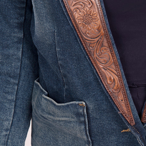 Artisanal Hand-Tooled Floral Leather & Blue Denim Western Blazer for Women