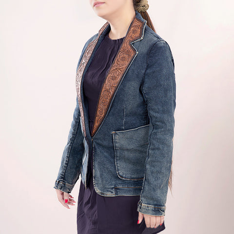 Artisanal Hand-Tooled Floral Leather & Blue Denim Western Blazer for Women
