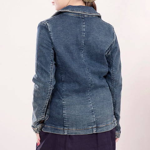 Artisanal Hand-Tooled Floral Leather & Blue Denim Western Blazer for Women