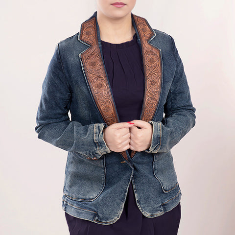Artisanal Hand-Tooled Floral Leather & Blue Denim Western Blazer for Women