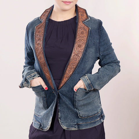 Artisanal Hand-Tooled Floral Leather & Blue Denim Western Blazer for Women