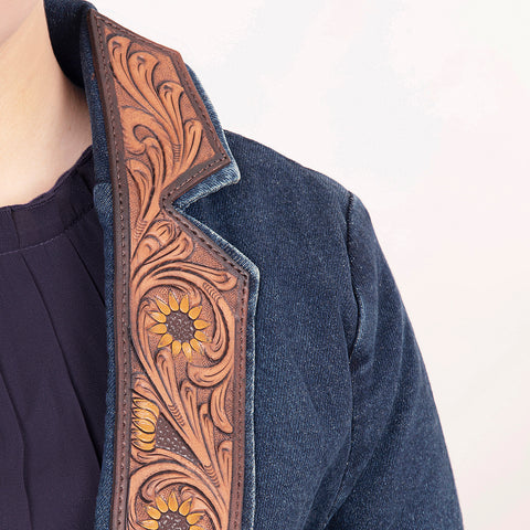 Luxury Western Denim Blazer with Intricate Floral Tooled Leather Detailing