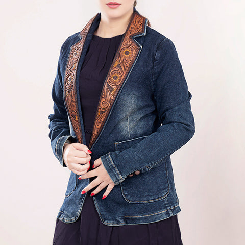 Luxury Western Denim Blazer with Intricate Floral Tooled Leather Detailing